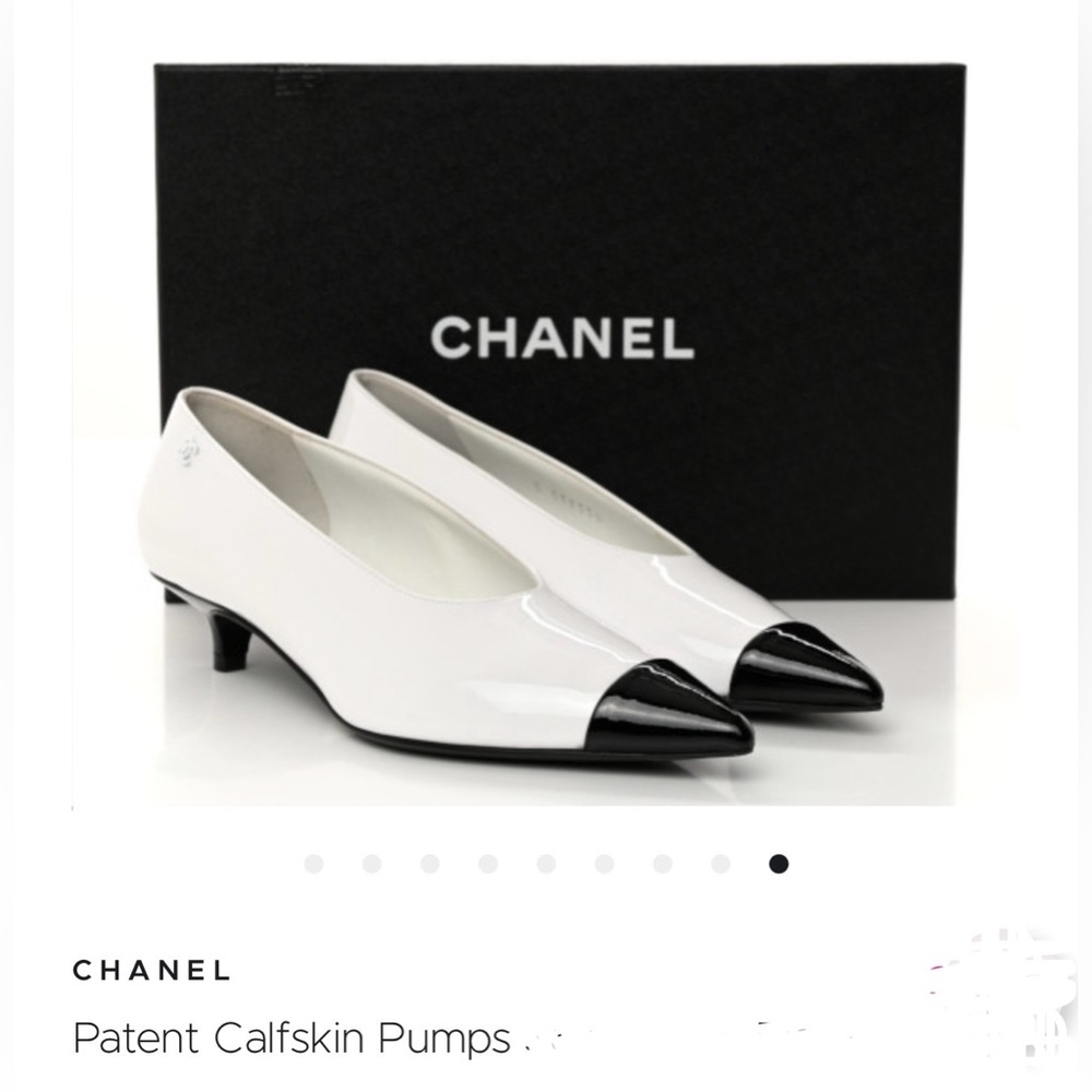 New CHANEL Black and White Patent Calfskin Heels 37.5 - Picture 1 of 16
